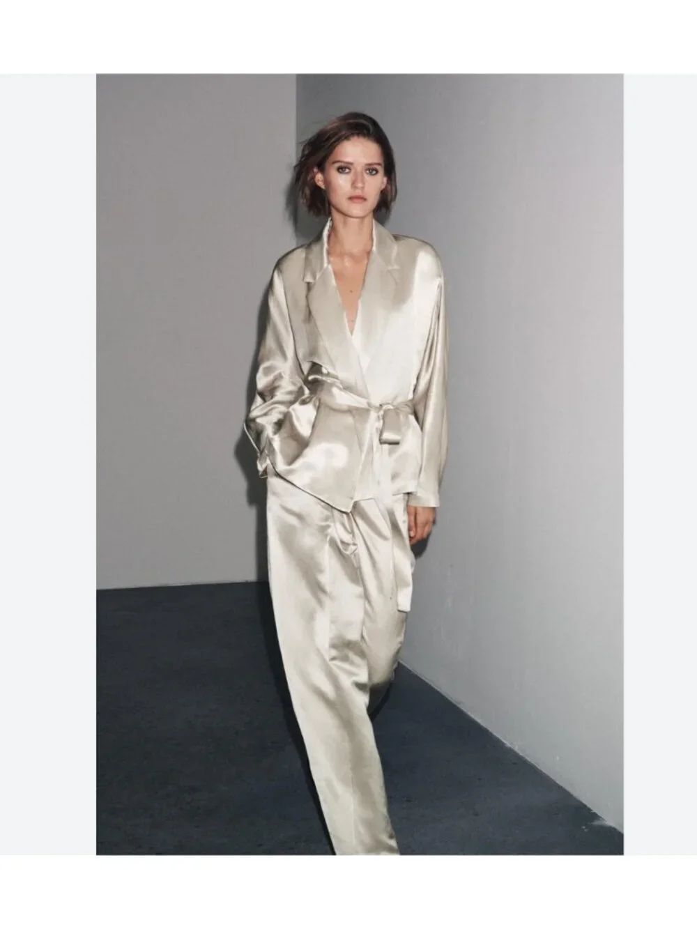 Zara ZW Womens Wide Leg Pants Satin Trousers XL Silver High Waist 8356/676 NWT